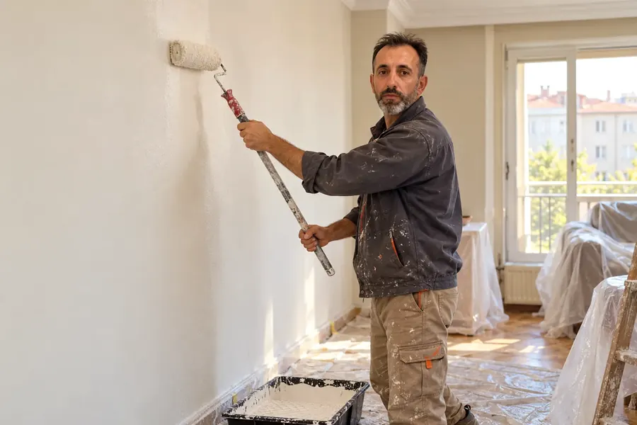Cengiz Usta Beyoğlu'nda bir dairede duvarı rulo ile boyarken