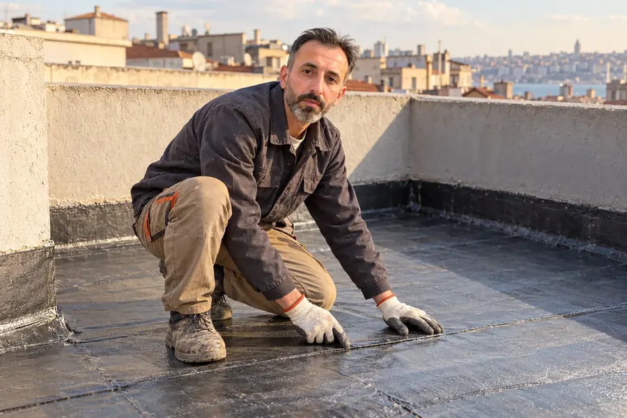 Su alan teras çatının yalıtımını inceleyen Cengiz Usta