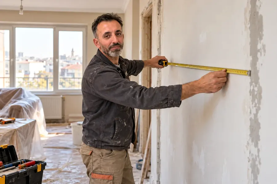 Taksim'de ev tadilatı öncesi duvar ölçüsü alan Cengiz Usta