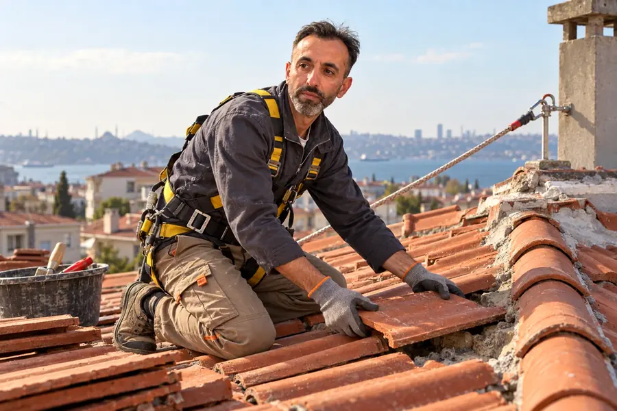 İstanbul'da emniyet kemeriyle kiremit çatı tamiri yapan Cengiz Usta
