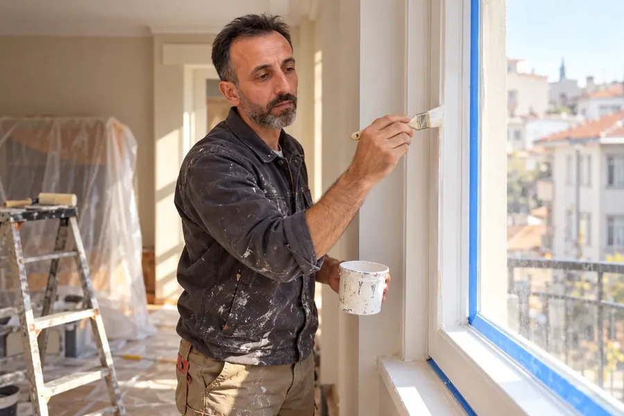 Pencere kenarında fırça ile rötuş boya yapan Cengiz Usta